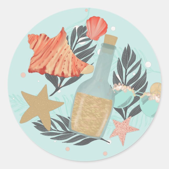 Korallenrot und Mint Beach Flasche und Muscheln Runder Aufkleber (Vorderseite)