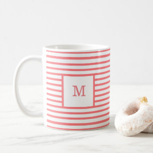Korallenrot und weiße Streifen individuelles Monog Kaffeetasse