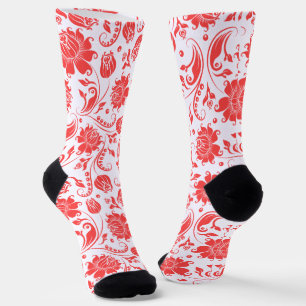 Korallenrot und weißes vintage Blumen-Damaskusmust Socken