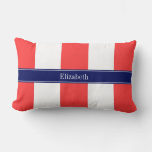 Korallenrot, weiße XL Streifen, Monogramm Navy 5c  Lendenkissen