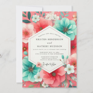 Korallenrote Blumenromanze Hochzeit Einladung