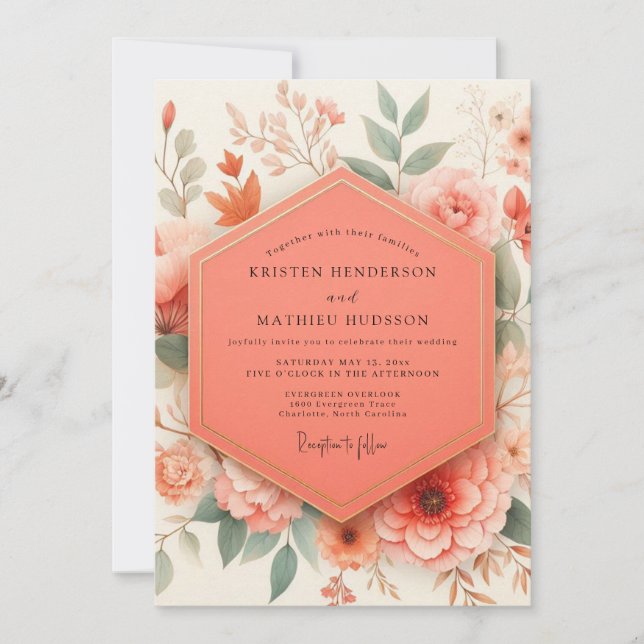 Korallenrote botanische romantische Hochzeit Einladung (Vorderseite)