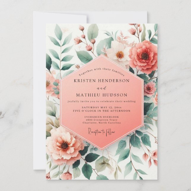 Korallenrote botanische Whimsy-Hochzeit Einladung (Vorderseite)
