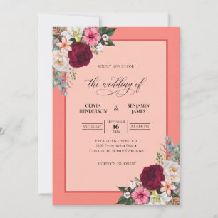 Korallenrote Burgunder-Dahlien-Hochzeit Einladung