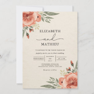 Korallenrote Florale Botanische Hochzeit Einladung