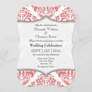 Korallenrote graue Damast-Klammer-Hochzeit laden Einladung