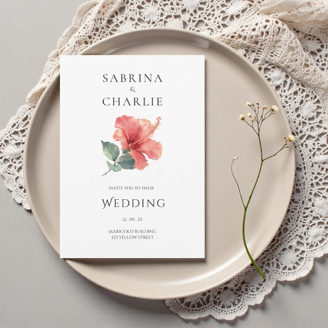 Korallenrote Hibiskus-Blumen-Tropen-Hochzeit Einladung (Coral Red Hibiscus Floral Tropical Wedding Invitation)