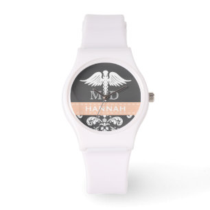 KORALLENROTE PERSONALISIERTE ARZTcaduceus-TAFEL Armbanduhr