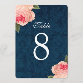 Korallenrote Pfingstrosen und Marine-Tischnummern Einladung