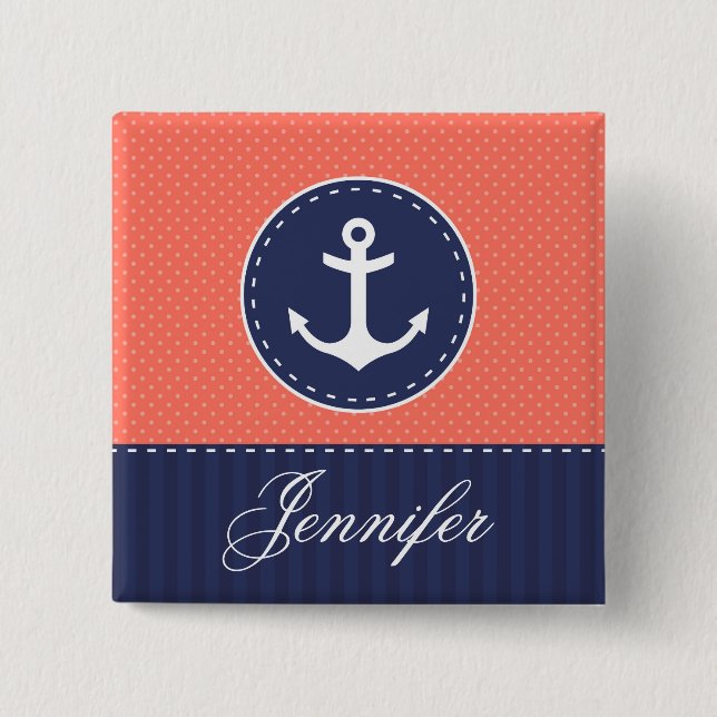 Korallenrote rosa Tupfen-dunkelblauer Anker mit Button (Vorderseite)