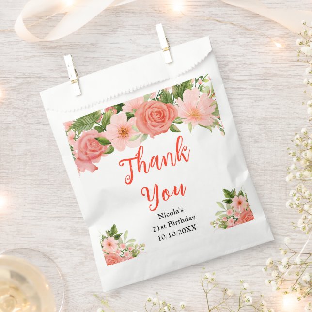 Korallenrote Rosen Geburtstags Dankeschön Geschenktütchen (Ausgeschnitten)