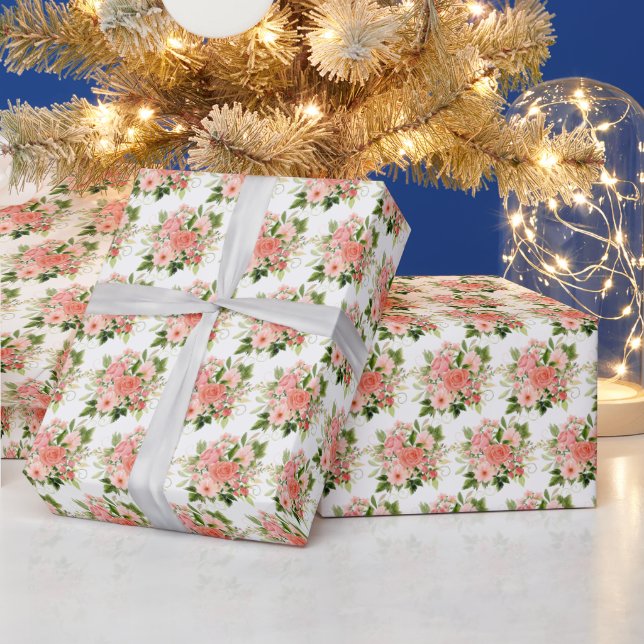 Korallenrote Rosen mit Laub Geschenkpapier (Feiertage)