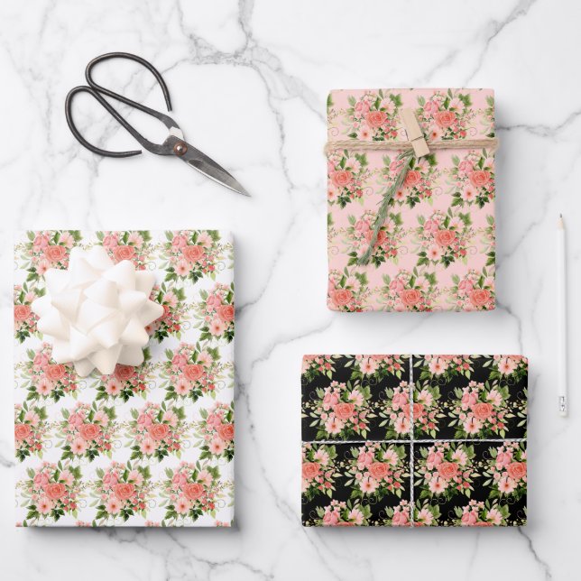 Korallenrote Rosen mit Laub Geschenkpapier Set (Vorderseite)