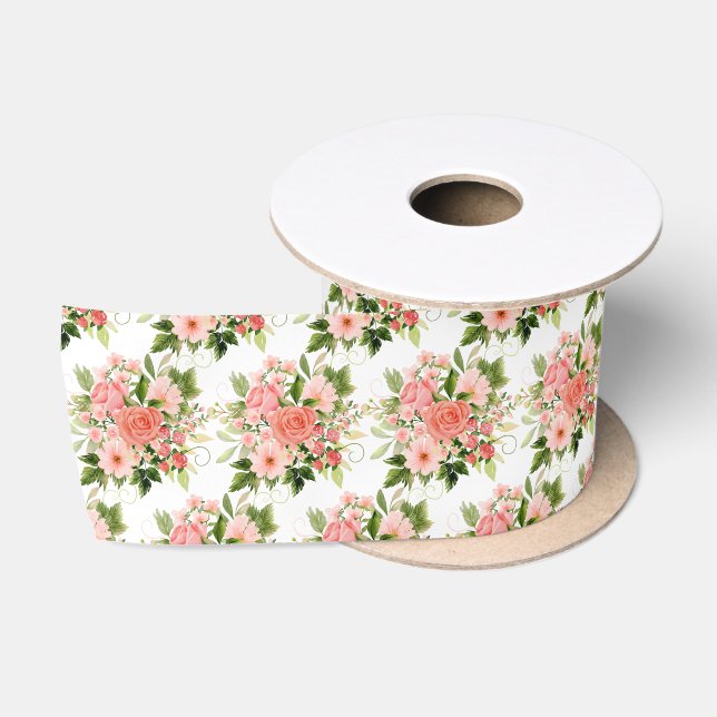 Korallenrote Rosen mit Laub Satinband (Spule)