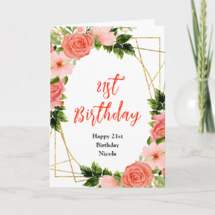 Korallenrote Rosen mit Laub zum Geburtstag Karte