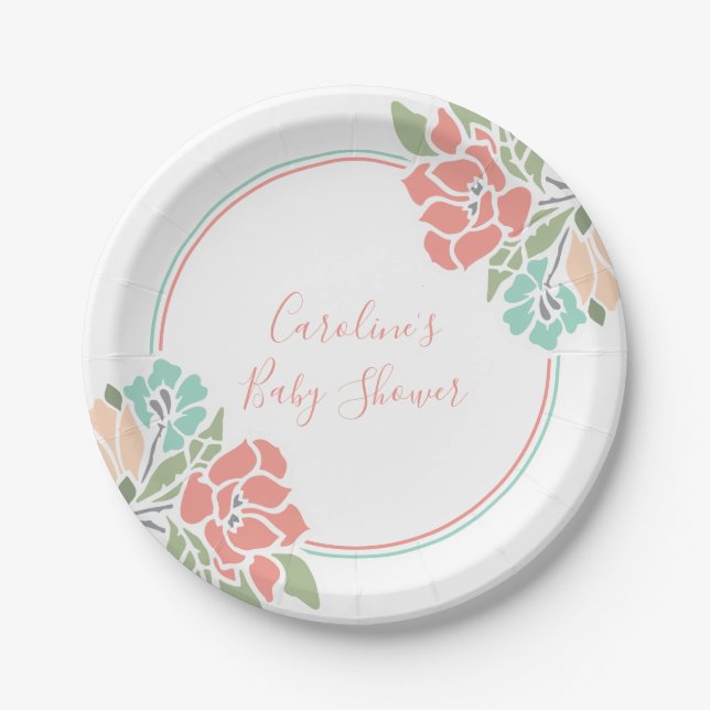 Korallenrote und aquamarine Blumenbaby-Dusche Pappteller (Vorderseite)