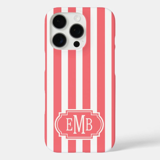 Korallenrote und weiße monogrammierte Streifen Case-Mate iPhone Hülle (Rückseite)