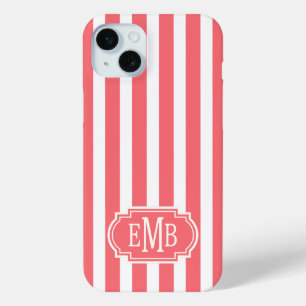 Korallenrote und weiße monogrammierte Streifen Case-Mate iPhone Hülle