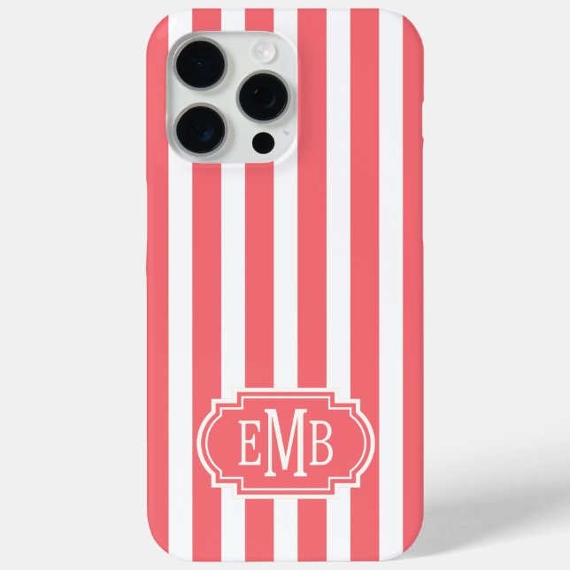 Korallenrote und weiße monogrammierte Streifen Case-Mate iPhone Hülle (Rückseite)