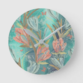 Korallenroter aquamariner BlumenCoffe Runde Wanduhr