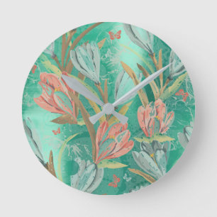 Korallenroter aquamariner grüner BlumenCoffe Runde Wanduhr