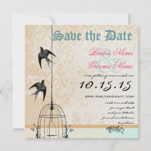 Korallenroter Damast-Vogelkäfig Hochzeit Save the  Einladung