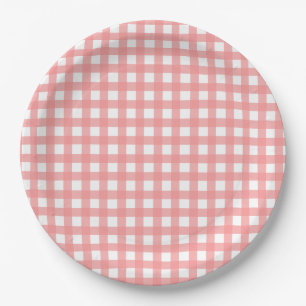 Korallenroter rosa Gingham-Papier-Teller Pappteller