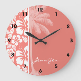 Korallenroter rosa tropischer Hibiskus; Große Wanduhr