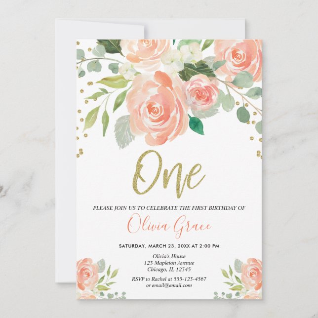 korallenrotes Blumenmädchen des 1. Einladung (Vorderseite)