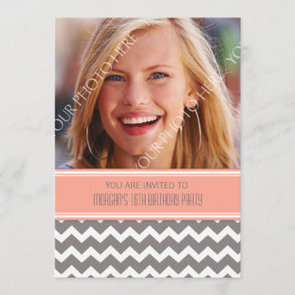 Korallenrotes graues Foto-16. Geburtstags-Party Einladung