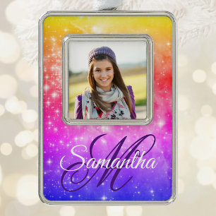 Korallenrotes Hellrosa und Lila Himmels-Ombre-Mono Rahmen-Ornament Silber
