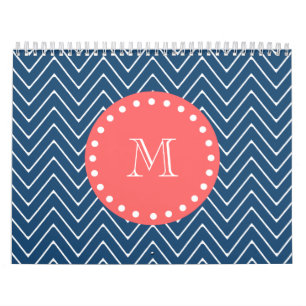 Korallenrotes Monogramm des Marine-Blau-Zickzack Kalender