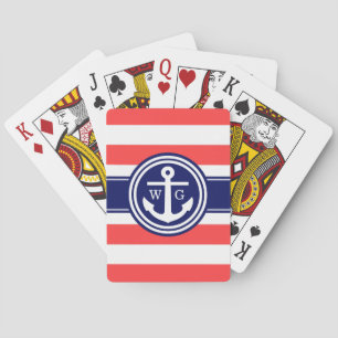 Korallenrotes Navy-Preppy-Strip-Monogramm Spielkarten