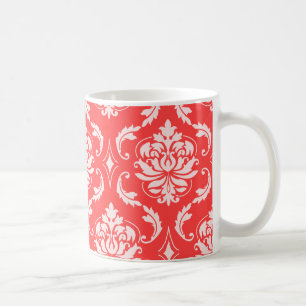 Korallenrotes rotes klassisches Damast-Muster Tasse