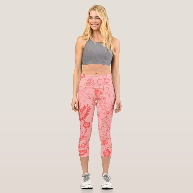 Korallenrotes tropisches Blumenmuster  Capri Leggings (Vorderseite)