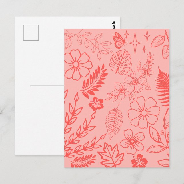 Korallenrotes tropisches Blumenmuster  Postkarte (Vorne/Hinten)