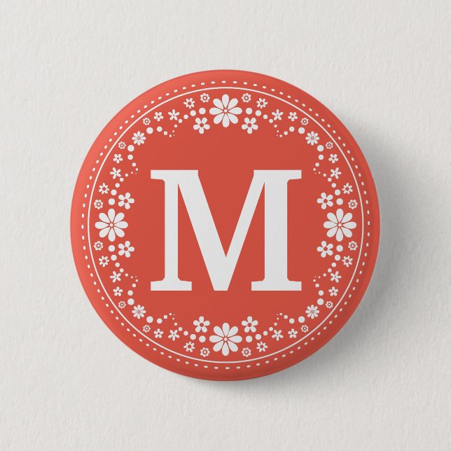 Korallenrotes weißes BlumenKranz-Monogramm Button (Vorderseite)