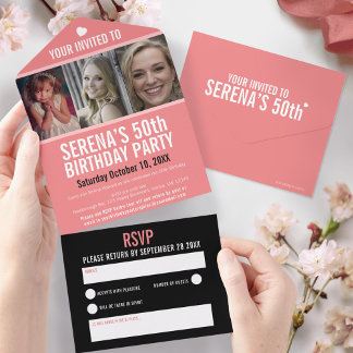 Korallenschwarz drei Fotos 50. Geburtstagsparty All In One Einladung