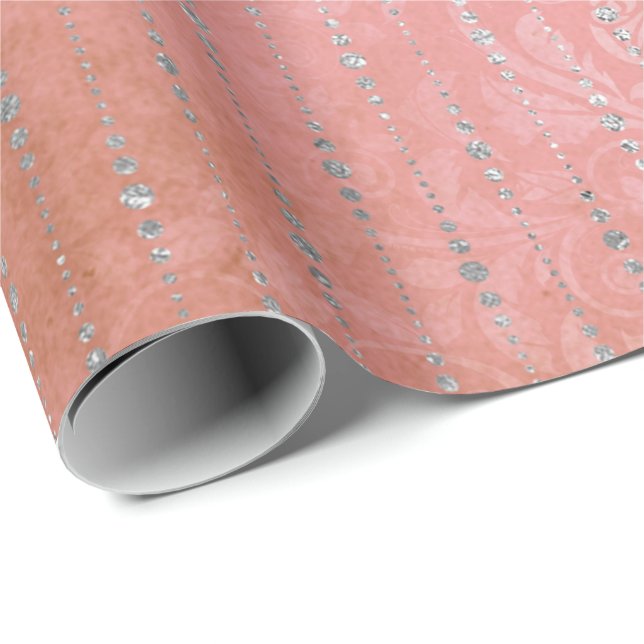 Korallensilber Peach Gray Metallic Pink Streifen P Geschenkpapier (Rolleneckpunkt)