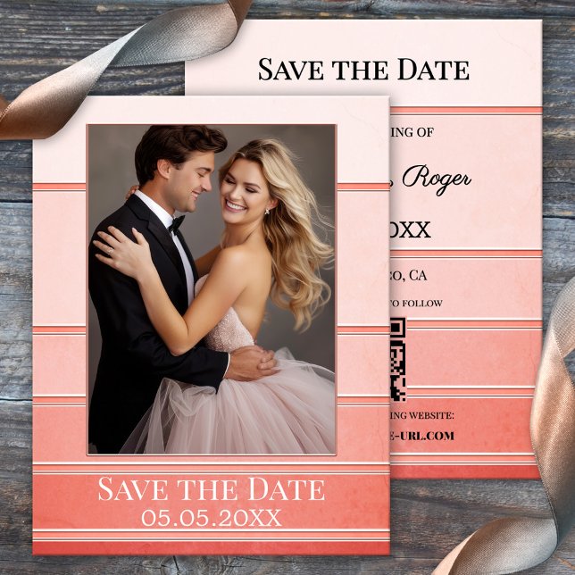 Korallenton auf Tone Striptes Foto Save the Date Ankündigung (Elegant Save the Date card featuring your photo framed by a coral French tone on tone striped design)