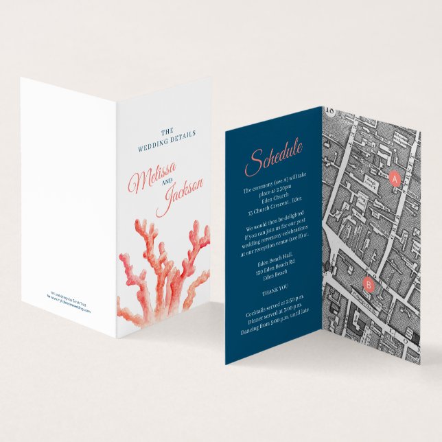 Korallenwasserfarbe Hochzeitskarte Details Blaukor (Innenseite und Außenseite)