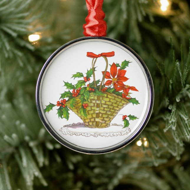 Korb der Poinsettias Silbernes Ornament (Baum)