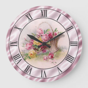 Korb mit altrosa Rosen im Vintage-Look mit mauvefa Große Wanduhr