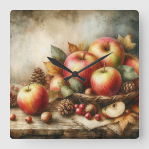 Korb mit Äpfeln auf Tisch Vintage-Aquarell Quadratische Wanduhr