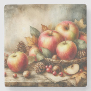 Korb mit Äpfeln auf Tisch Vintage-Aquarell  Steinuntersetzer