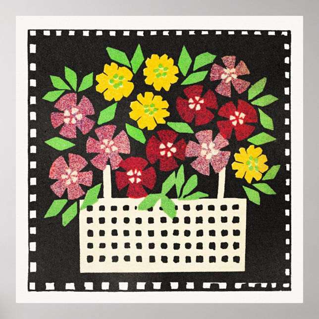 Korb mit Blumen, rot und gelb, Poster (Vorne)