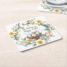 Korb mit Eiern und blumengeschmückten Ostern Rechteckiger Pappuntersetzer