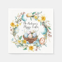 Korb mit Eiern und blumengeschmückten Ostern Serviette