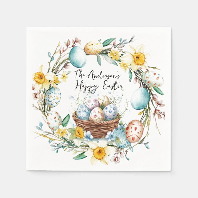 Korb mit Eiern und blumengeschmückten Ostern Serviette (Vorderseite)