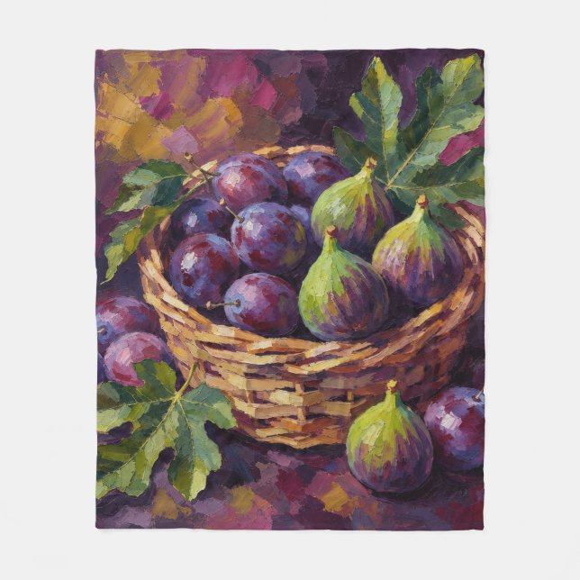 Korb mit Feigen und Pflaumen Ölbild Kunst Fleecedecke (Vorderseite)